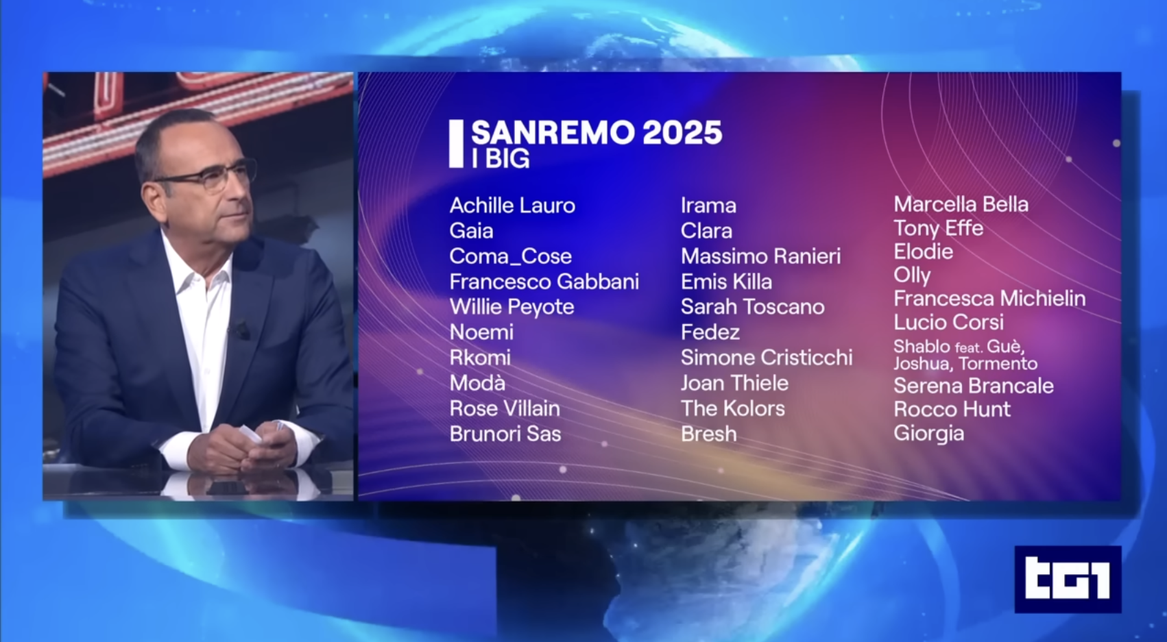 Carlo Conti TG1 Sanremo 2025. Fonte: Tg1 Rai